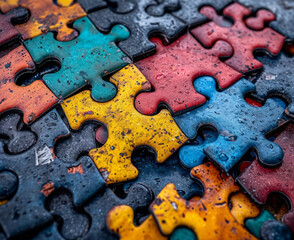 A pile of colorful jigsaw pieces. An up-close view of a single, colorful puzzle piece, showcasing its vibrant design and interlocking ability.