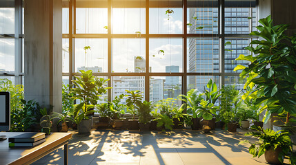 Um espaço de escritório moderno com grandes janelas do chão ao teto com vista para uma movimentada paisagem urbana