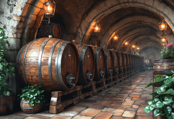 A row of wooden barrels in wine cellar. This photo showcases a collection of various barrels neatly organized inside a room characterized by its solid concrete walls.