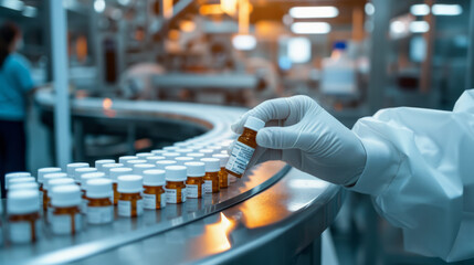 Hand with sanitary gloves check medical vials on production line at pharmaceutical factory