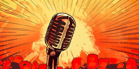 minimalistic design Retro style microphone on a stage with comic background