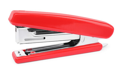 One new red stapler isolated on white
