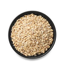 Dry pearl barley in bowl isolated on white, top view