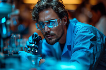 An image of a scientist working. A man in a lab coat and goggles carefully examines a pipe in a laboratory.