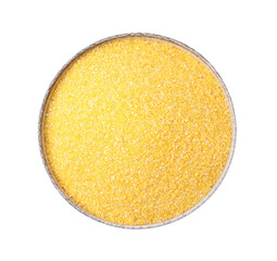 Raw cornmeal in bowl isolated on white, top view