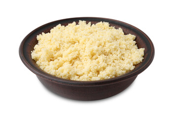 Tasty couscous in bowl isolated on white