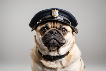 Perro pug con sombrero de policía  - obrazy, fototapety, plakaty