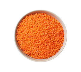Raw red lentils in bowl isolated on white, top view