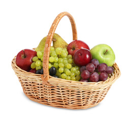 Many fresh fruits in wicker basket isolated on white