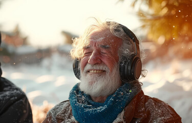 An old man wearing headphones. An elderly man embraces the peacefulness of the snow as he listens to his favorite tunes through his headphones.