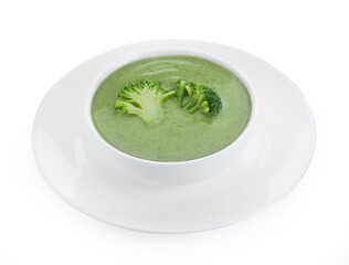Delicious broccoli cream soup in bowl isolated on white