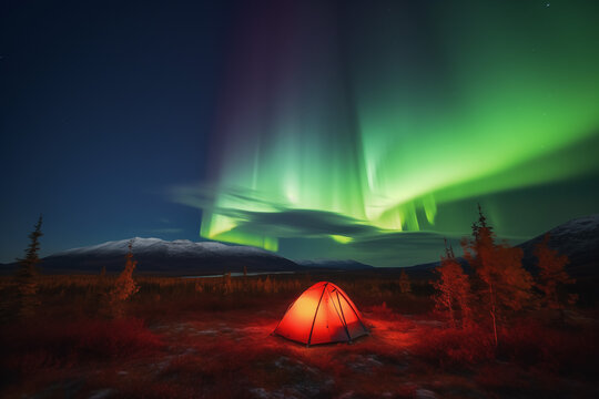 Arctic Aura: Camping Beneath the Northern Lights, a Tent Amidst the Radiant Dance of Vibrant Colors in the Wilderness Night Sky