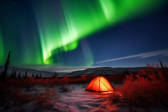 Arctic Oasis: Tent Nestled Beneath the Dazzling Northern Lights, Embracing the Tranquil Beauty of the Arctic Wilderness