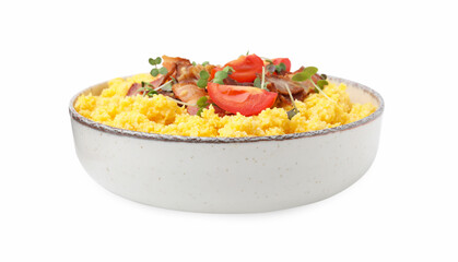 Tasty cornmeal with tomatoes, bacon and microgreens in bowl isolated on white