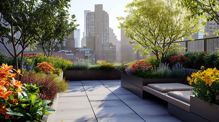Um jardim de cobertura moderno oferece um oásis luxuriante no meio da selva de concreto urbana - obrazy, fototapety, plakaty