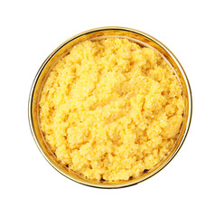 Tasty cornmeal in bowl isolated on white, top view