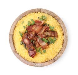 Cooked cornmeal with bacon and microgreens in bowl isolated on white, top view