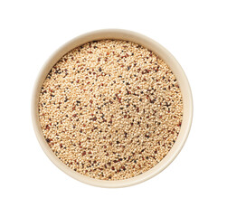 Raw quinoa seeds in bowl isolated on white, top view