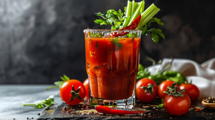 Bloody mary cocktail, in plain elegant high dewy glass, garnished with celery sprig, herbs and chilli pepper 