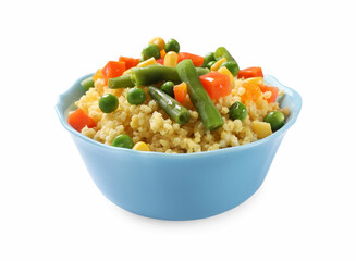Tasty millet porridge with vegetables in bowl isolated on white