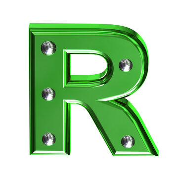 Green symbol with metal rivets. letter r
