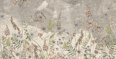 Art drawing in vintage style in light beige tones, wallpaper on which dried flowers are depicted, texture background.