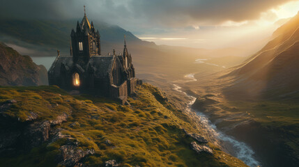 Look down from a high mountain, in the valley is an ancient Irish castle, a candle lights in the window of the castle,