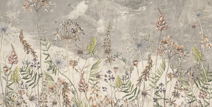 Art drawing in vintage style in light beige tones, wallpaper on which dried flowers are depicted, texture background.