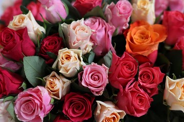 Bouquet of beautiful roses as background, closeup