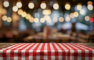 white and red gingham table cloth on top of wooden table at restaurant with lights up in the background Generative AI - obrazy, fototapety, plakaty