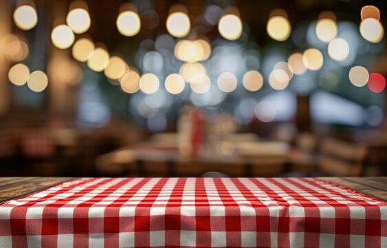 White And Red Gingham Table Cloth On Top Of Wooden Table At Restaurant With Lights Up In The Background Generative AI