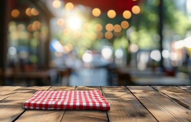 red gingham napkin on a wooden table with blurred background Generative AI