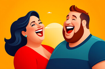 Cute chubby couple walking  and looking at each other flat design image. romantic relationship. Happy Fat chubby chunky plus-size woman and man laughing out loud together