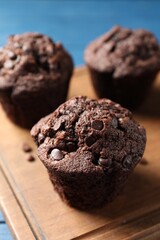 Delicious chocolate muffins on blue table, closeup