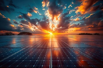 Solar panels and blue sky background.Solar cells farm on the roof and sunset.Photovoltaic modules for renewable energy