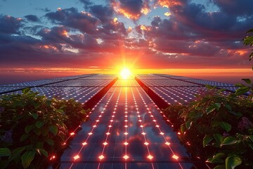 Solar panels and blue sky background.Solar cells farm on the roof and sunset.Photovoltaic modules for renewable energy - obrazy, fototapety, plakaty