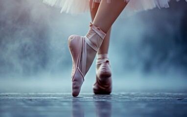 A close-up of a ballet dancer's feet in pointe shoes