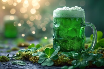 St Patrick's Day green beer with shamrock - obrazy, fototapety, plakaty