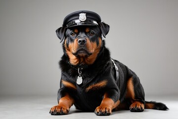 Perro policía rottweiler sobre fondo gris 