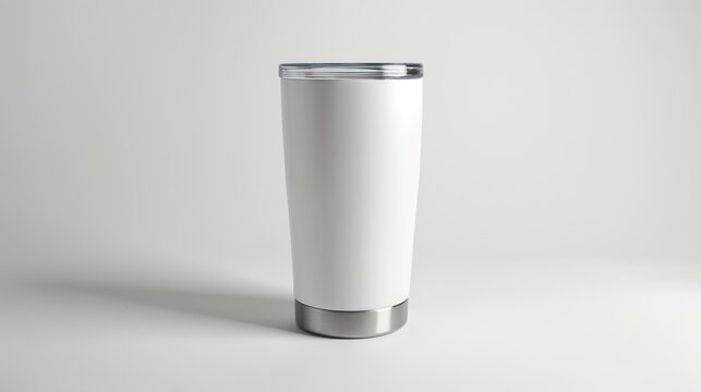 Stainless white steel tumbler tailored for product mock-ups and promotions, providing a customizable blank space.