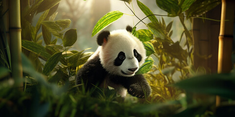 Funny lazy panda bear with cubs eats leaves, A panda bear with a black nose holds a bamboo in the woods, Cute panda sitting in bamboo forest

