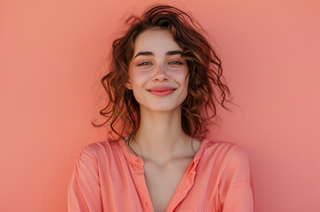 Obraz premium Women’s Day Individuality: Unrecognizable Figure in Peach Blouse Against Bright Pink 