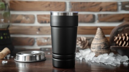 Stainless black steel tumbler tailored for product mock-ups and promotions, providing a customizable blank space.