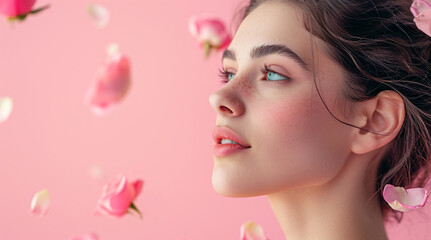Obraz na płótnie Canvas Serene Beauty with Petals, Youthful Female Profile on Pink Backdrop - Women's Day 