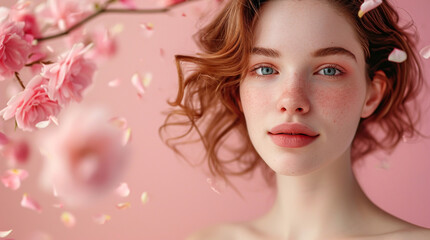 Dreamy Woman among Blossoms, Vibrant Spring Concept on Pink - Women's Day 