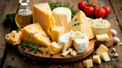 Cheeses background, The background displays a variety of cheeses, presenting delicious pieces of different types.
