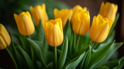 Obraz premium bunch of yellow tulips on black background, close up, spring, summer, love, 