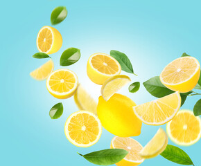 Fototapeta premium Fresh lemons and green leaves flying on light blue background
