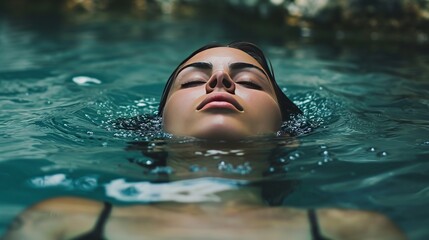 Mental well-being, a serene, melancholic woman drifting in water, and indifference
