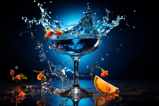 A visually explosive scene as a mixologist shakes a vibrant blue cocktail, capturing the dynamic swirls and splashes in mid-air against a sleek background.